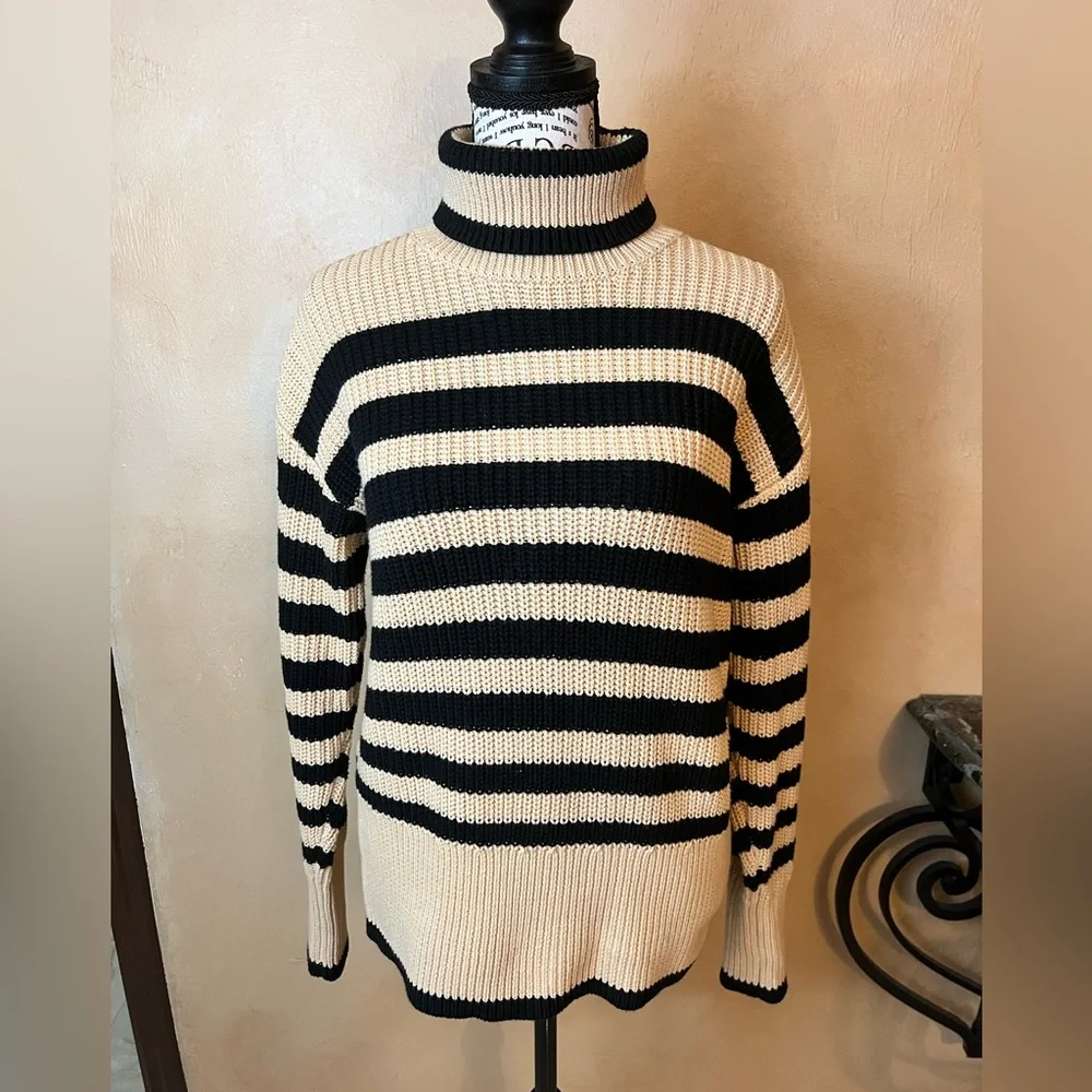 Cabi "Polo Turtleneck" (Item 4477) Women's Striped Sweater - Black and Tan - Picture 2 of 9